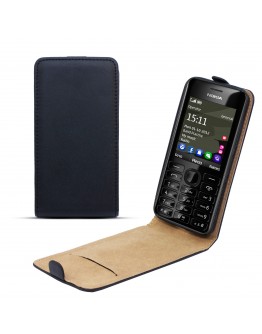 Moozy premium magnetic Flip phone cover Flexi Slim Nokia Asha 206 vertical case with Silicone phone holder Black Tln