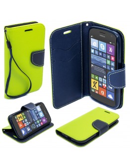 Moozy dual color Fancy Diary Book Wallet Case Flip cover with stand / wrist strap / Silicone phone holder for Nokia 730 / 735 Lumia Light Green / Blue