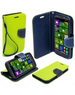Moozy dual color Fancy Diary Book Wallet Case Flip cover with stand / wrist strap / Silicone phone holder for Nokia 930 Lumia, Light Green / Blue