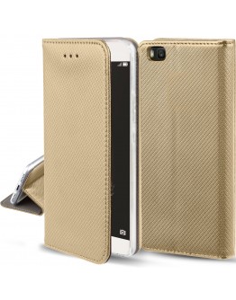 Huawei P8 Lite case Flip cover Gold - Moozy® Smart Magnetic Flip cover with folding stand and silicone phone holder