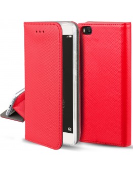 Huawei P8 Lite case Flip cover Red - Moozy® Smart Magnetic Flip cover with folding stand and silicone phone holder