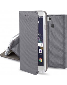 Huawei P8 Lite 2017 case Flip cover Grey - Moozy® Smart Magnetic Flip cover with folding stand and silicone phone holder