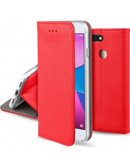 Huawei Y6 Pro 2017 case, Huawei P9 Lite Mini case Flip cover Red - Moozy® Smart Magnetic Flip case with folding stand and silicone phone holder