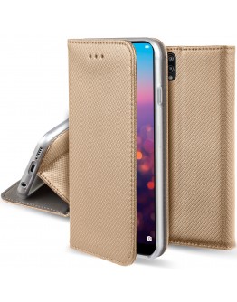Huawei P20 case Flip cover Gold - Moozy® Smart Magnetic Flip case with folding stand and silicone phone holder