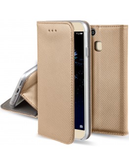 Huawei P10 Lite case Flip cover Gold - Moozy® Smart Magnetic Flip case with folding stand and silicone phone holder