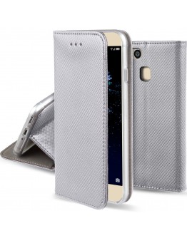Huawei P10 Lite case Flip cover Silver - Moozy® Smart Magnetic Flip case with folding stand and silicone phone holder