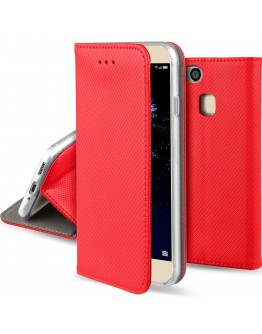 Huawei P10 Lite case Flip cover Red - Moozy® Smart Magnetic Flip case with folding stand and silicone phone holder