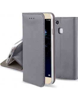 Huawei P10 Lite case Flip cover Grey - Moozy® Smart Magnetic Flip case with folding stand and silicone phone holder