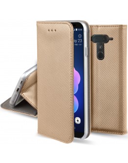 HTC U12+ case, HTC U12 Plus case Flip cover Gold - Moozy® Smart Magnetic Flip case with folding stand and silicone phone holder