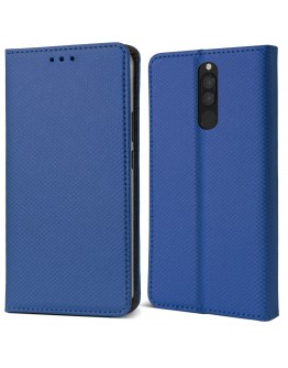Moozy Case Flip Cover for Xiaomi Redmi 8, Dark Blue - Smart Magnetic Flip Case with Card Holder and Stand