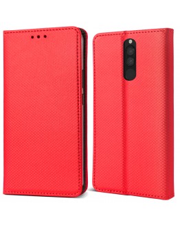 Moozy Case Flip Cover for Xiaomi Redmi 8, Red - Smart Magnetic Flip Case with Card Holder and Stand