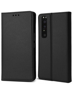 Moozy Case Flip Cover for Sony Xperia 1 II, Black - Smart Magnetic Flip Case with Card Holder and Stand