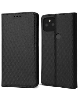 Moozy Case Flip Cover for Google Pixel 5, Black - Smart Magnetic Flip Case with Card Holder and Stand