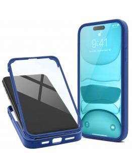 Moozy 360 Case for iPhone 14 Pro - Blue Rim Transparent Case, Full Body Double-sided Protection, Cover with Built-in Screen Protector
