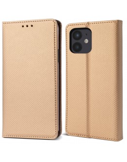 Moozy Case Flip Cover for iPhone 12 mini, Gold - Smart Magnetic Flip Case with Card Holder and Stand