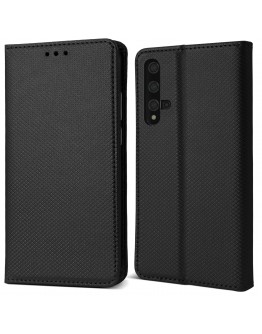 Moozy Case Flip Cover for Huawei Nova 5T and Honor 20, Black - Smart Magnetic Flip Case with Card Holder and Stand
