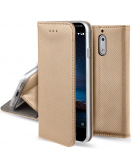 Moozy Case Flip Cover for Nokia 6, Gold - Smart Magnetic Flip Case with Card Holder and Stand