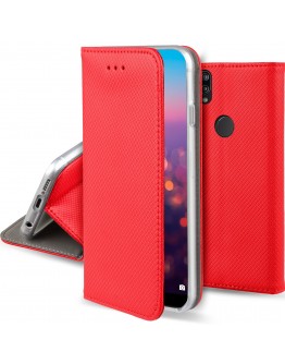Moozy Case Flip Cover for Huawei P20 Lite, Red - Smart Magnetic Flip Case with Card Holder and Stand