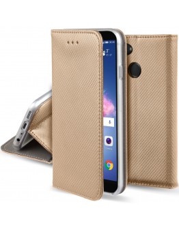 Moozy Case Flip Cover for Huawei P Smart, Gold - Smart Magnetic Flip Case with Card Holder and Stand