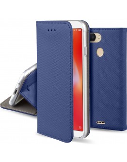 Moozy Case Flip Cover for Xiaomi Redmi 6, Dark Blue - Smart Magnetic Flip Case with Card Holder and Stand
