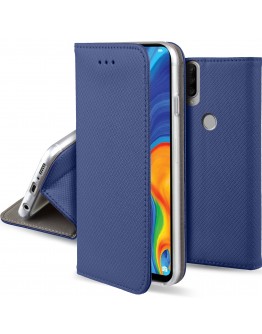 Moozy Case Flip Cover for Huawei P30 Lite, Dark Blue - Smart Magnetic Flip Case with Card Holder and Stand