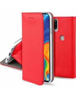 Moozy Case Flip Cover for Huawei P30 Lite, Red - Smart Magnetic Flip Case with Card Holder and Stand