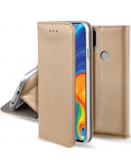 Moozy Case Flip Cover for Huawei P30 Lite, Gold - Smart Magnetic Flip Case with Card Holder and Stand