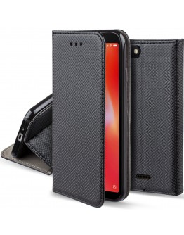 Moozy Case Flip Cover for Xiaomi Redmi 6A, Black - Smart Magnetic Flip Case with Card Holder and Stand