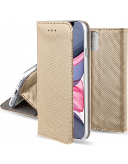 Moozy Case Flip Cover for iPhone 11, Gold - Smart Magnetic Flip Case with Card Holder and Stand