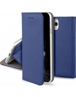 Moozy Case Flip Cover for iPhone 11 Pro Max, Dark Blue - Smart Magnetic Flip Case with Card Holder and Stand