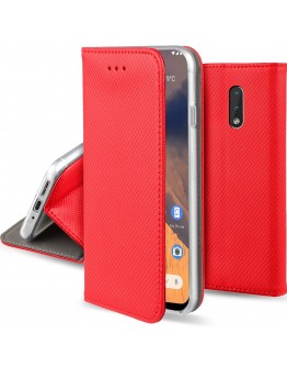 Moozy Case Flip Cover for Nokia 2.3, Red - Smart Magnetic Flip Case with Card Holder and Stand