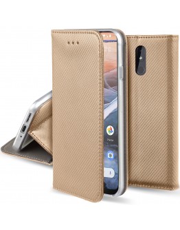 Moozy Case Flip Cover for Nokia 3.2, Gold - Smart Magnetic Flip Case with Card Holder and Stand
